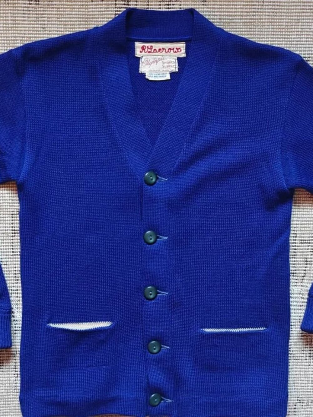 Vintage Women's Olympic Sport Supply 100% Wool Letterman Blue Cardigan Sweater